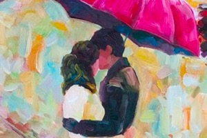 painting of a couple kissing under an umbrella